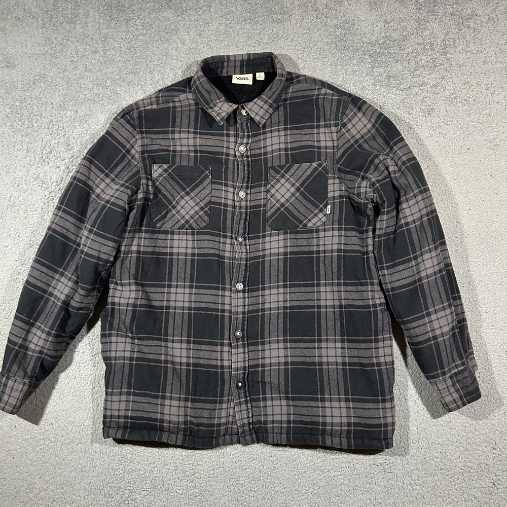 VANS Sherpa Lined Flannel Jacket Black/Gray Men's Large Oversized Comfy  #2984